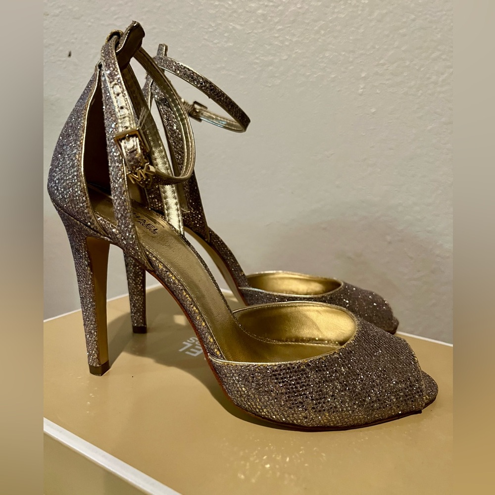 MICHAEL MICHAEL KORS Kimberly Ankle Strap Glitter Mesh heels Sz 10